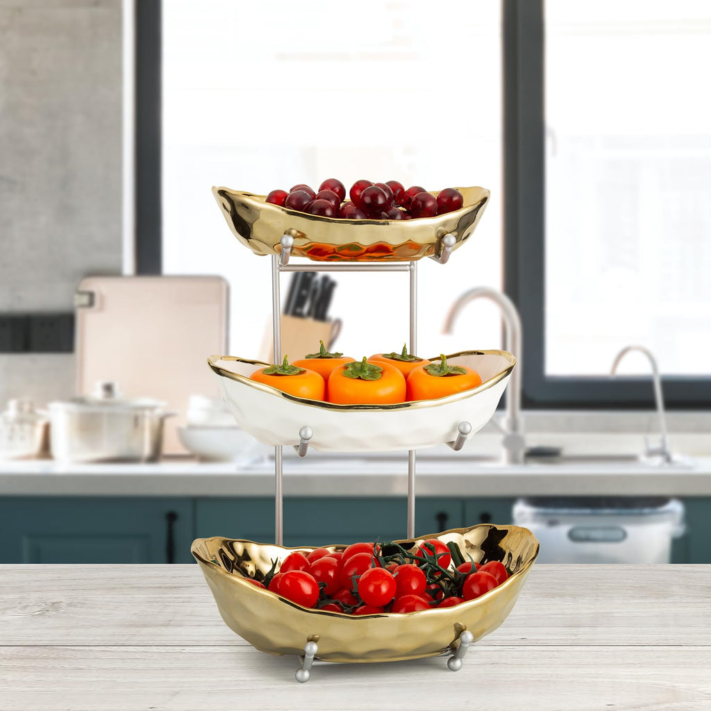 3 Tier Ceramic Serving Bowls with Metal Stand U740134