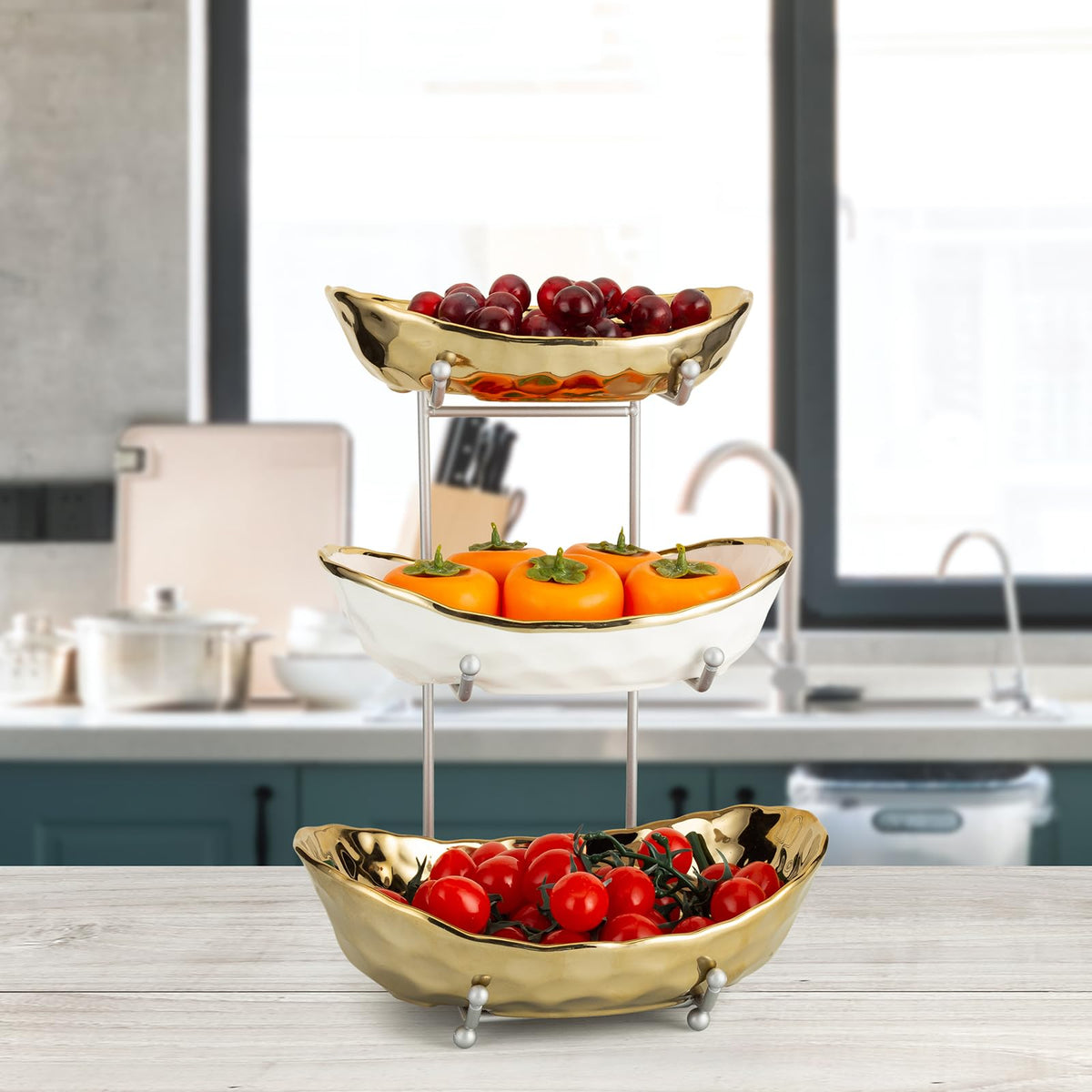 3 Tier Ceramic Serving Bowls with Metal Stand U740134