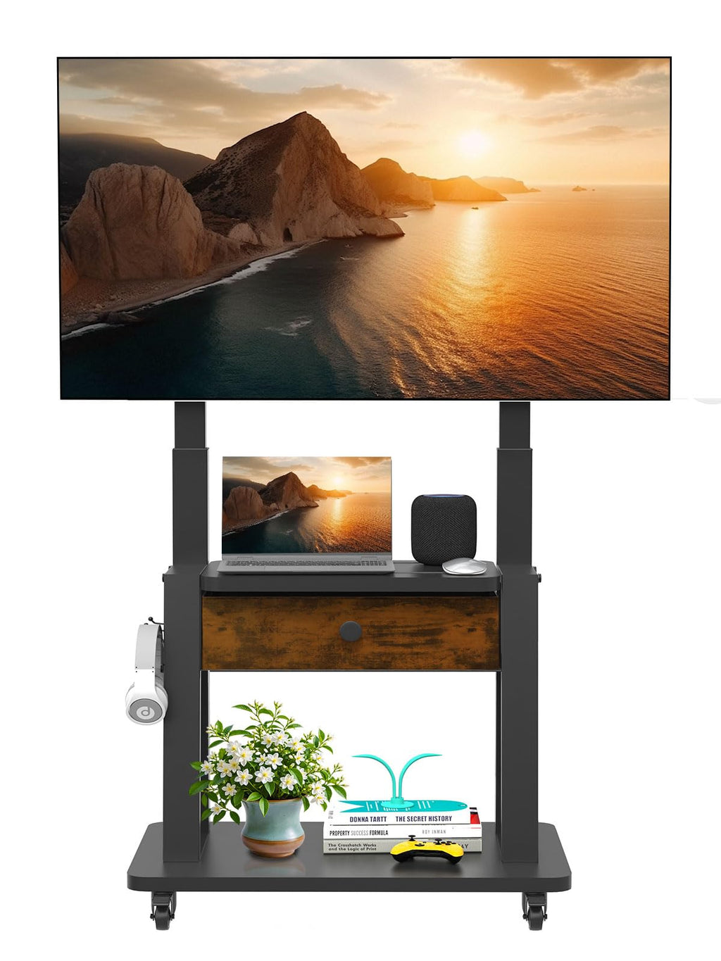 Rolling TV Stand with Fabric Drawer Storage for 32-75 Inch Flat/Curved Screen O735614