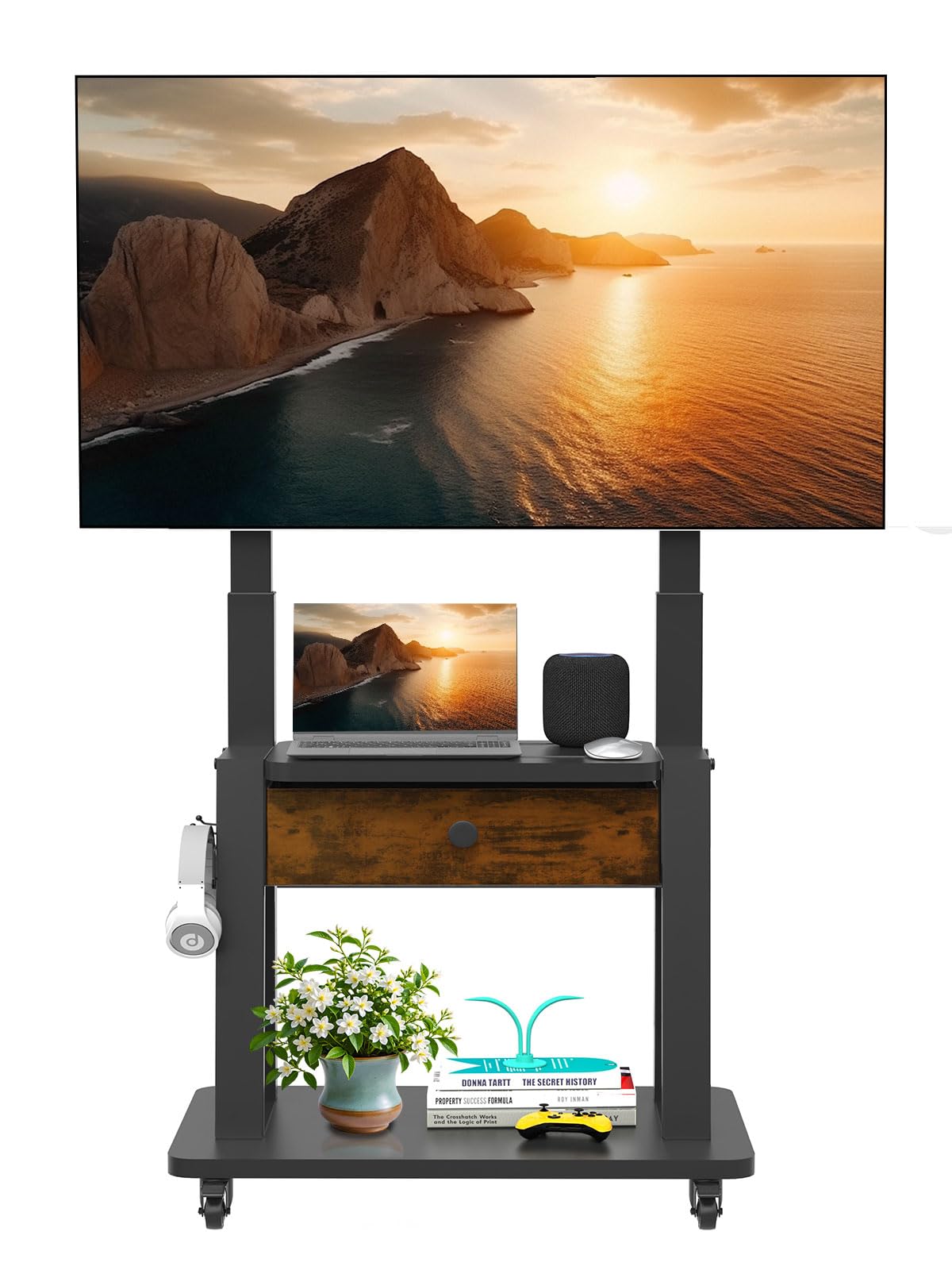 Rolling TV Stand with Fabric Drawer Storage for 32-75 Inch Flat/Curved Screen O735614