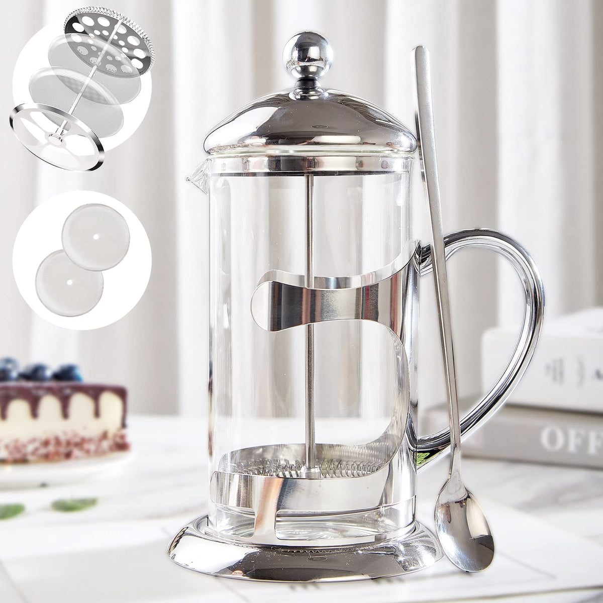 Silver 34oz French Press Coffee Maker with 4-Level Filter System E6484