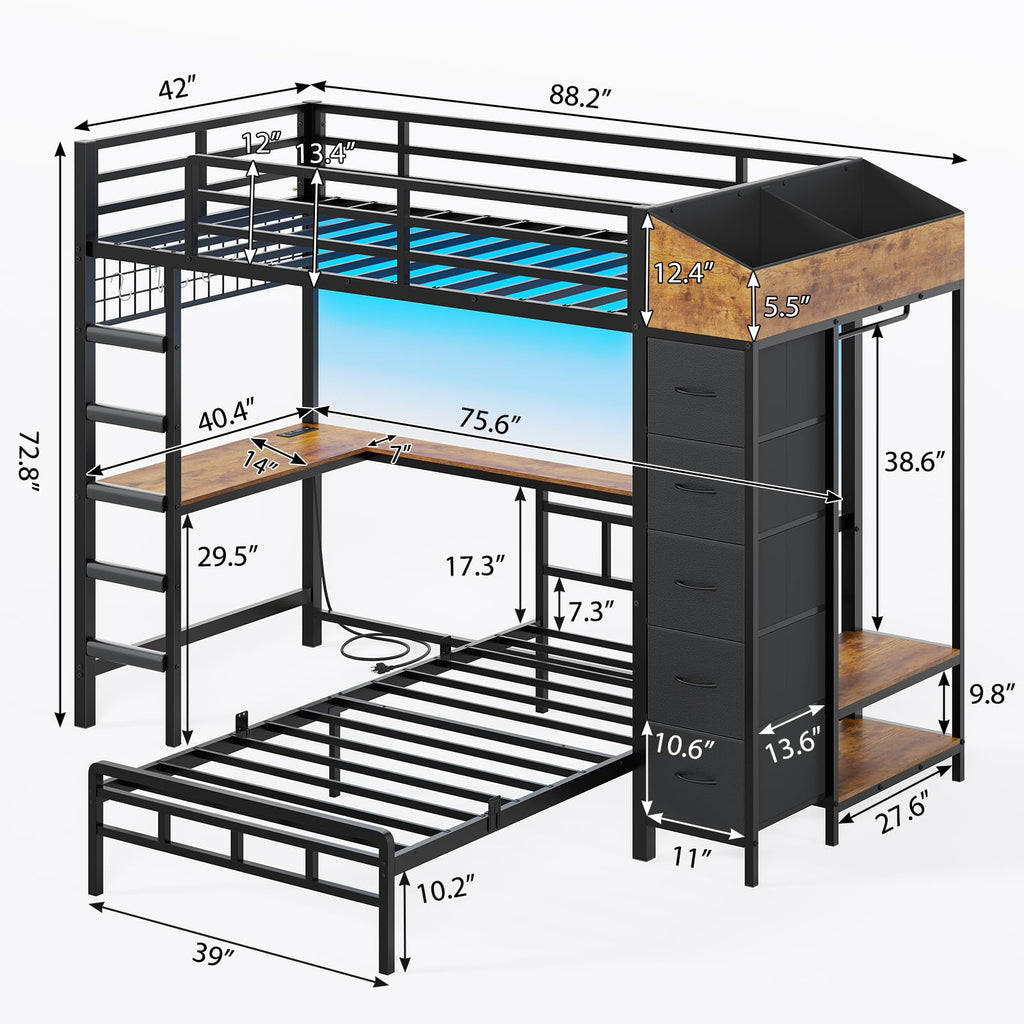 Black L-Shaped Bunk Bed with Desk and Stairs Y372883