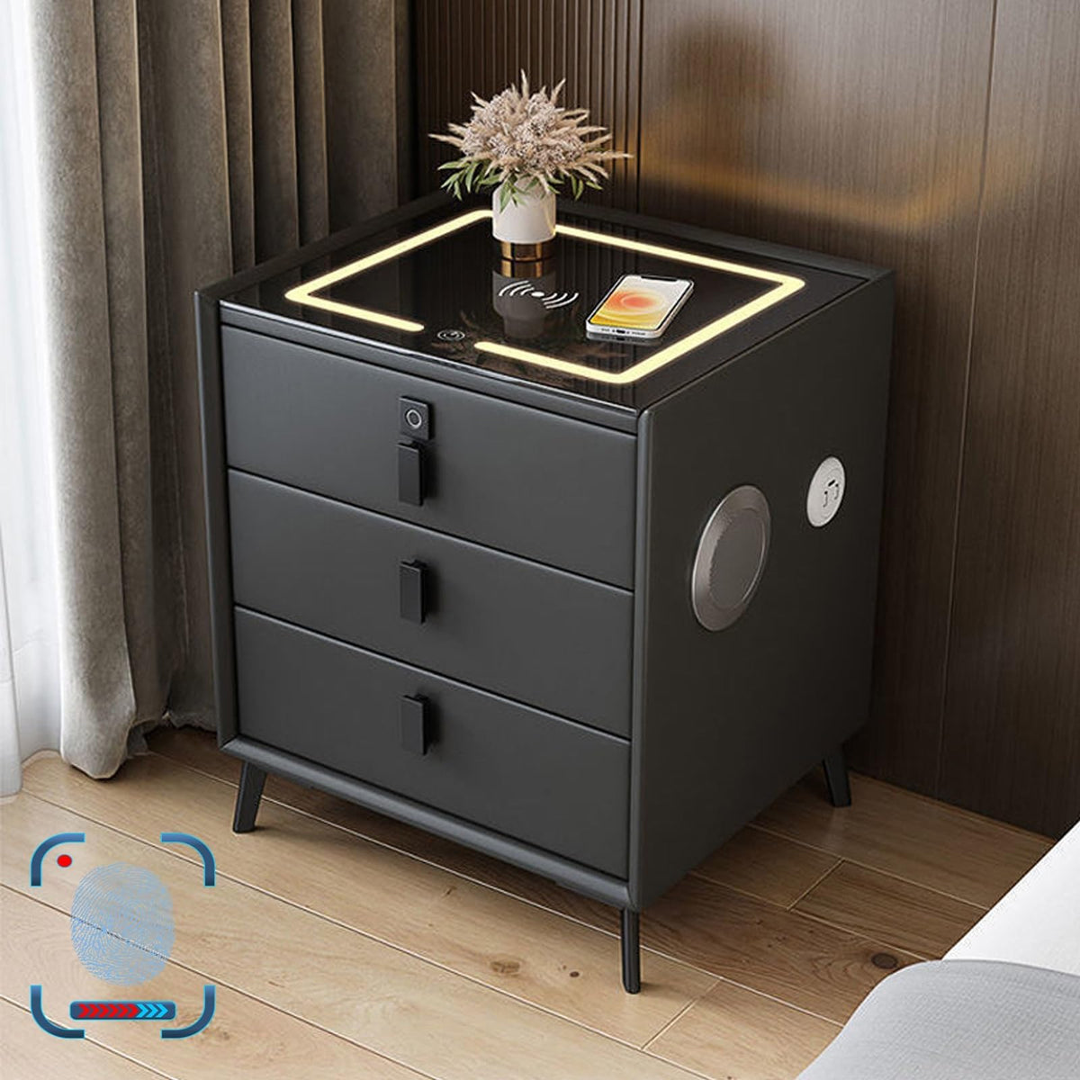 Gray Nightstand with Fingerprint Lock and Wireless Charging U332861