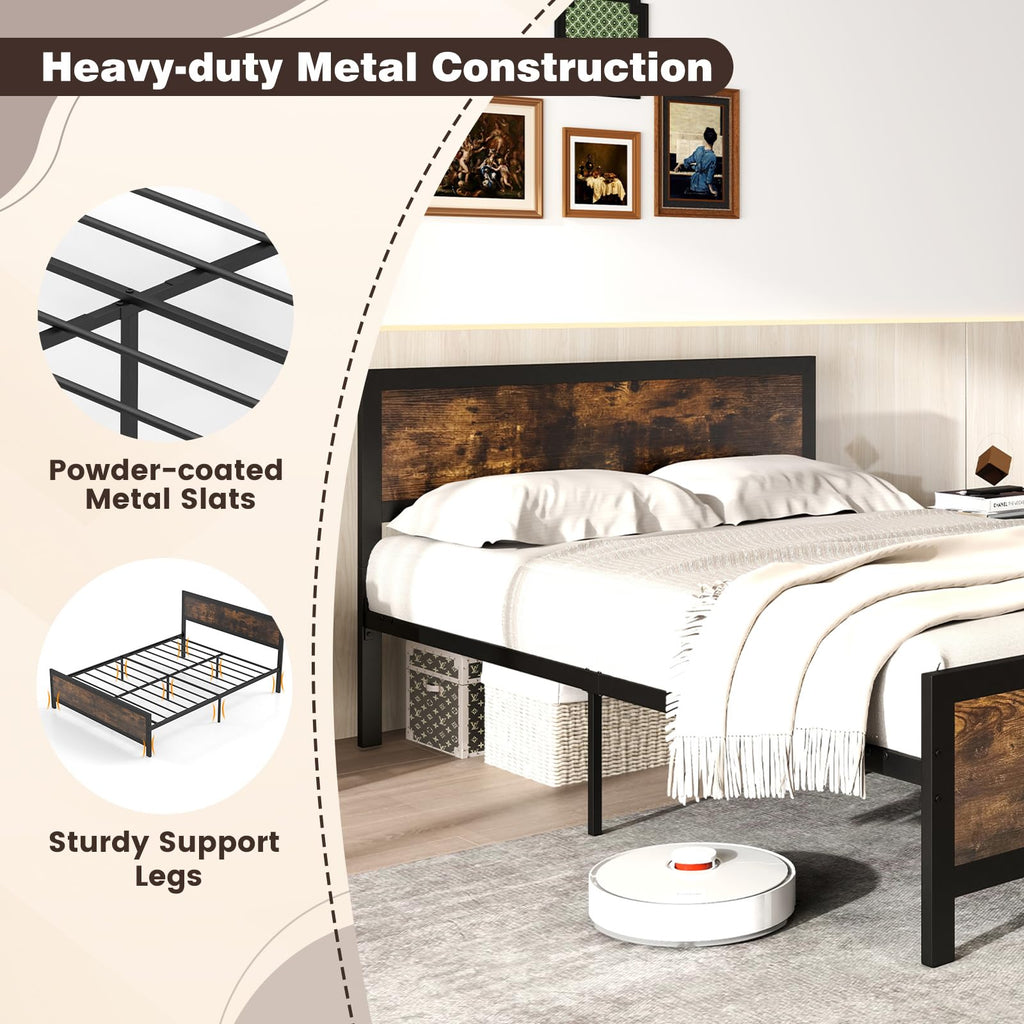 Metal Full Size Platform Bed Frame with Wood Headboard and Footboard R347