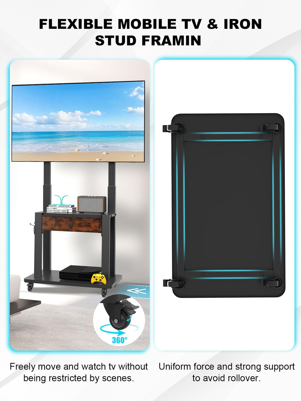 Rolling TV Stand with Fabric Drawer Storage for 32-75 Inch Flat/Curved Screen O735614