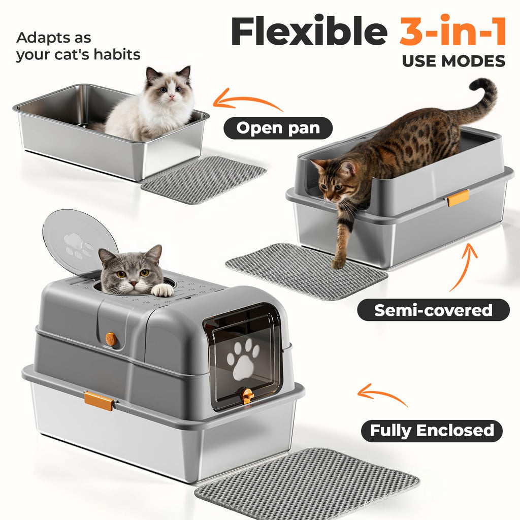 Non-Stick Stainless Steel Cat Litter Box with Lid F522