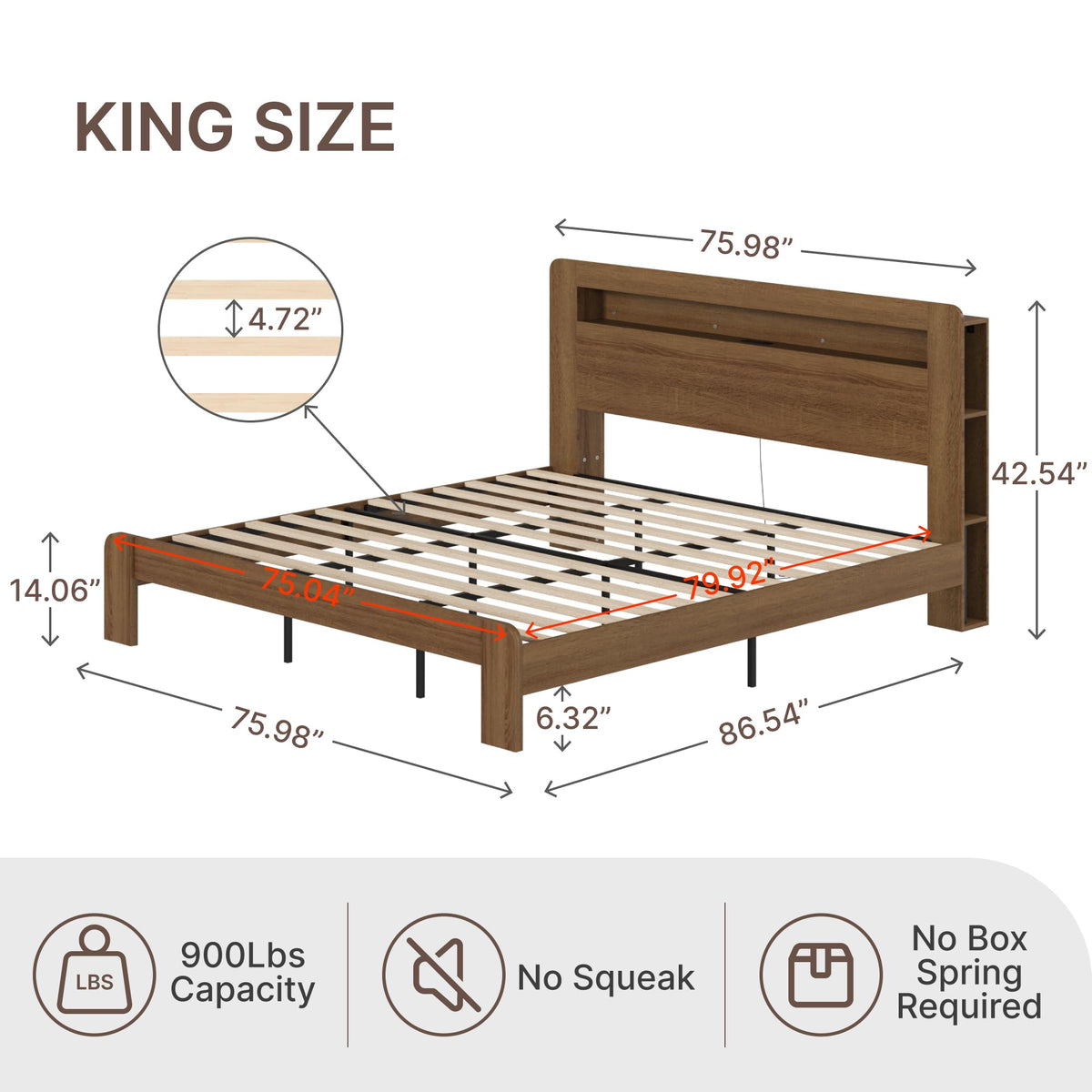 King Walnut Storage Bed Frame with LED Lights H28907