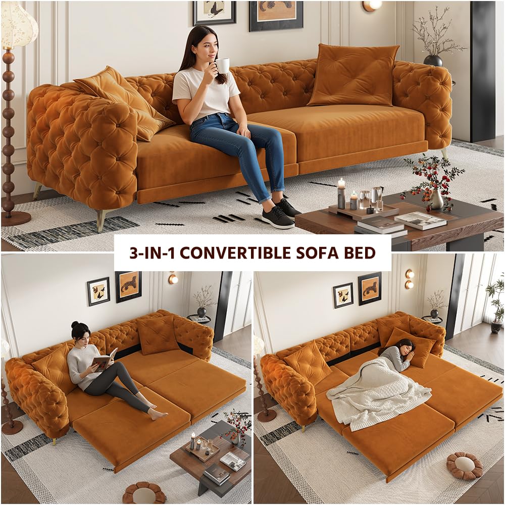 Orange Velvet Convertible Sleeper Sofa with Ottoman X759376