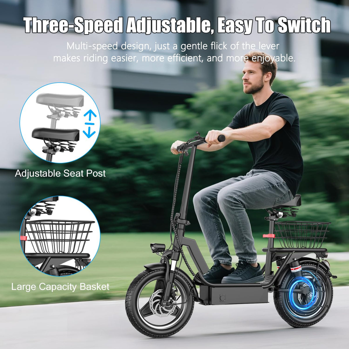 Electric Scooter with Seat, 25 MPH, 350W Motor, 15.5 Miles Range, 48V Battery, 14" Foldable S6567