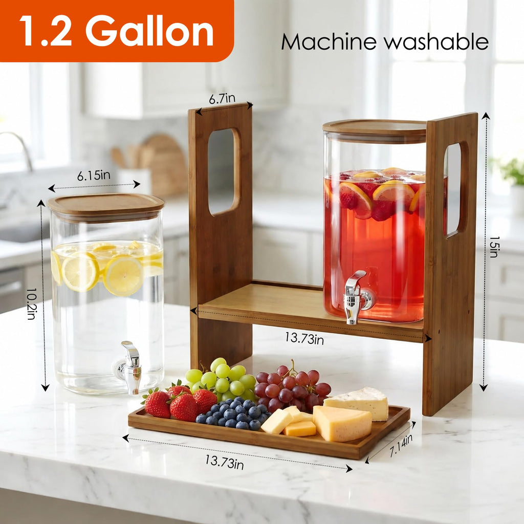 2 PCS 1.2 Gallon Glass Drink Dispenser with Stand and Serving Tray B52981