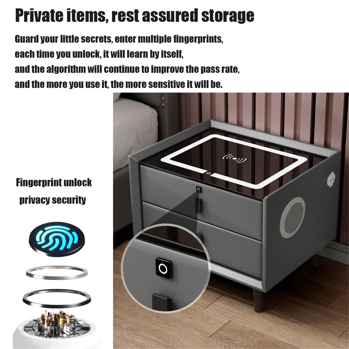 Gray Nightstand with Fingerprint Lock and Wireless Charging U332861