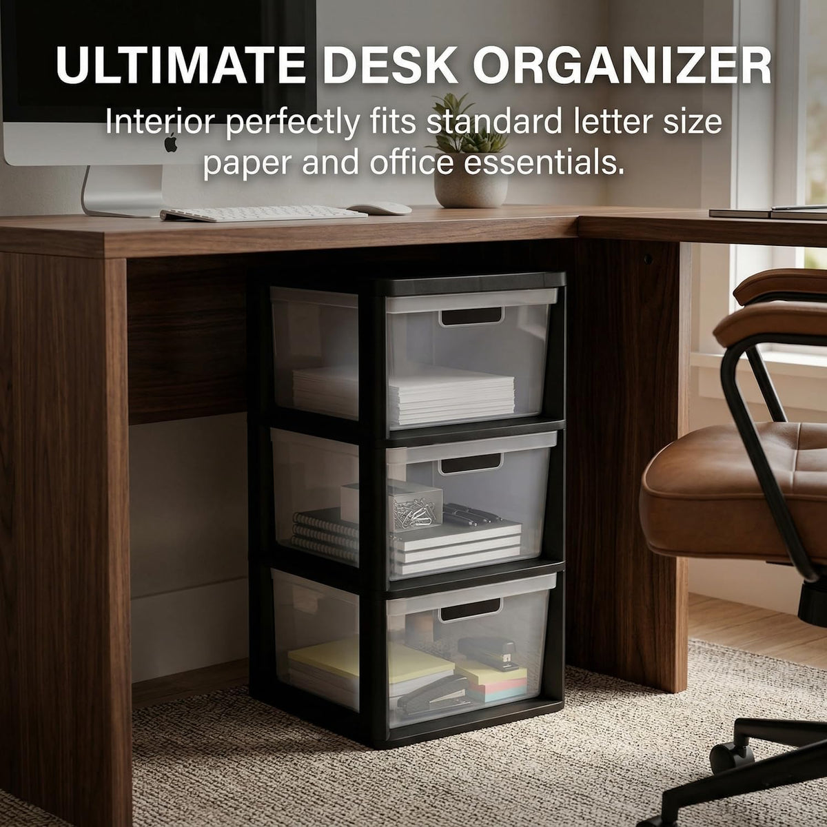 Black 3 Drawer Plastic Storage Tower with Clear Removable Bins Q23862