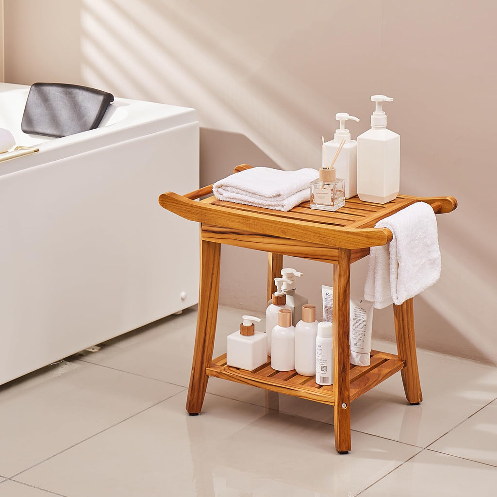 Teak Shower Bench with Storage Shelf Q121620