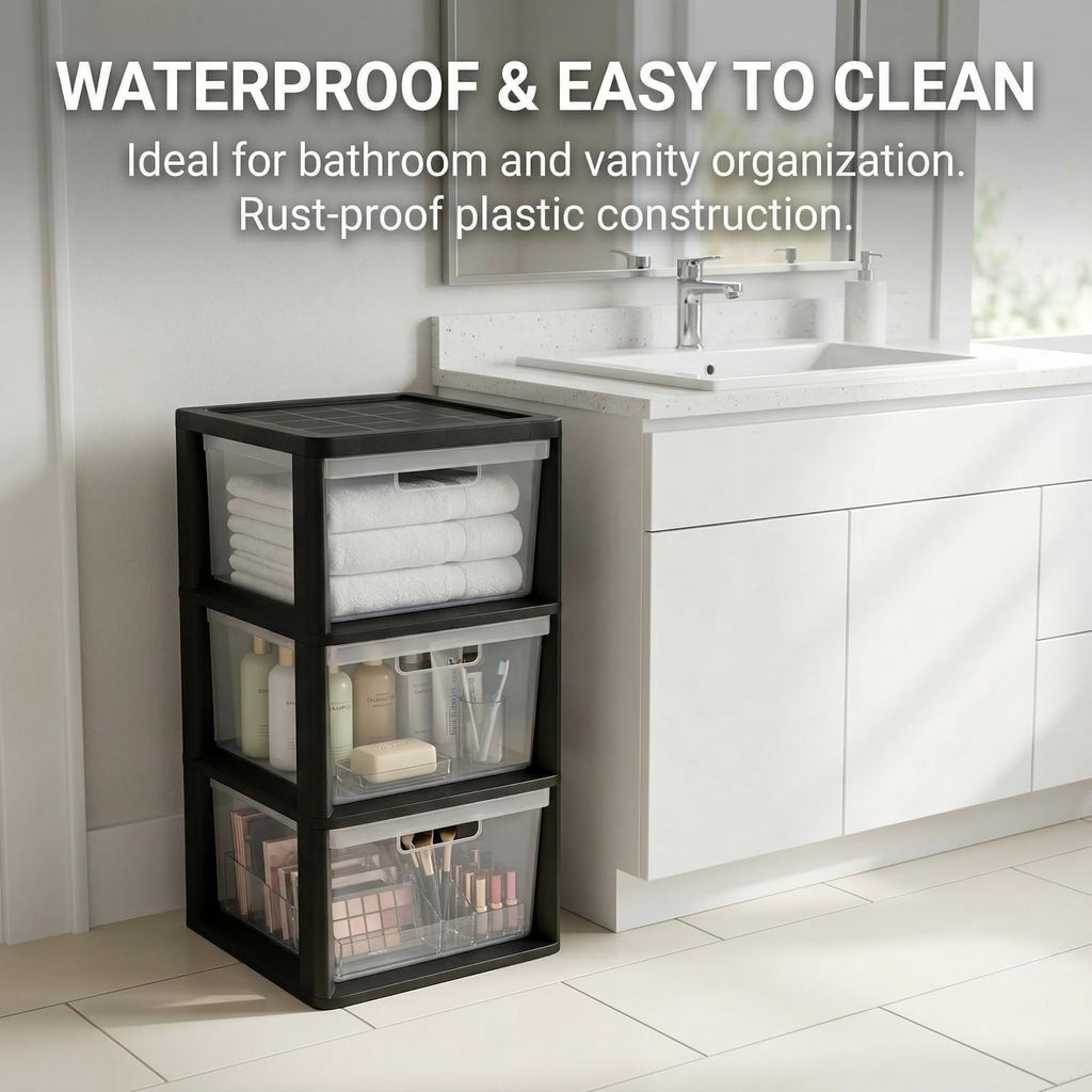Black 3 Drawer Plastic Storage Tower with Clear Removable Bins Q23862