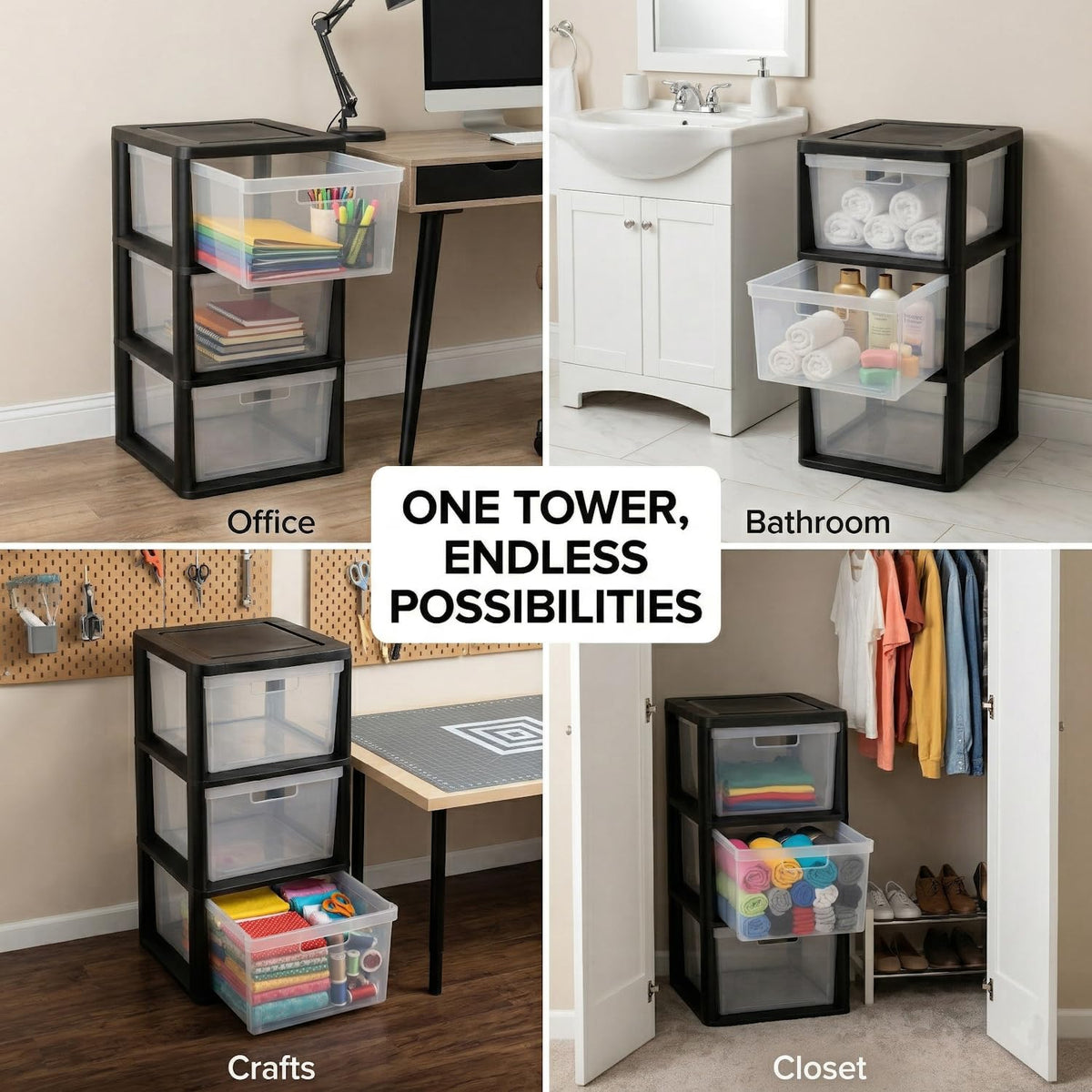 Black 3 Drawer Plastic Storage Tower with Clear Removable Bins Q23862
