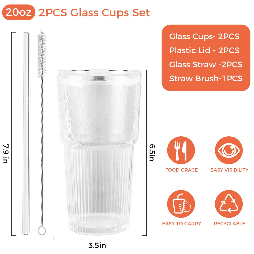 20oz Glass Cups with Lids and Straws, 2 PCS C1699