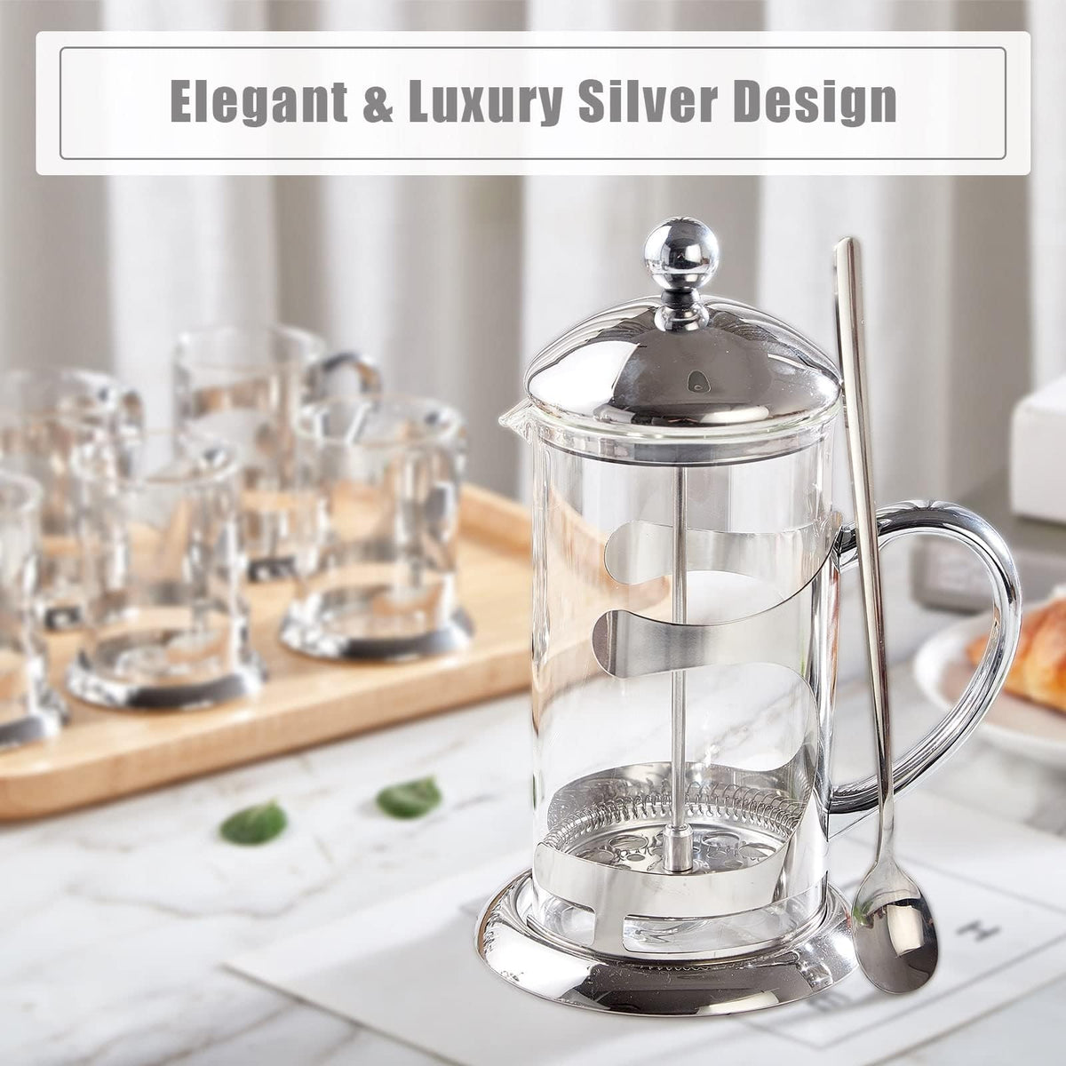 Silver 34oz French Press Coffee Maker with 4-Level Filter System E6484