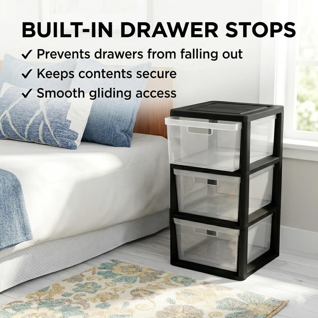 Black 3 Drawer Plastic Storage Tower with Clear Removable Bins Q23862