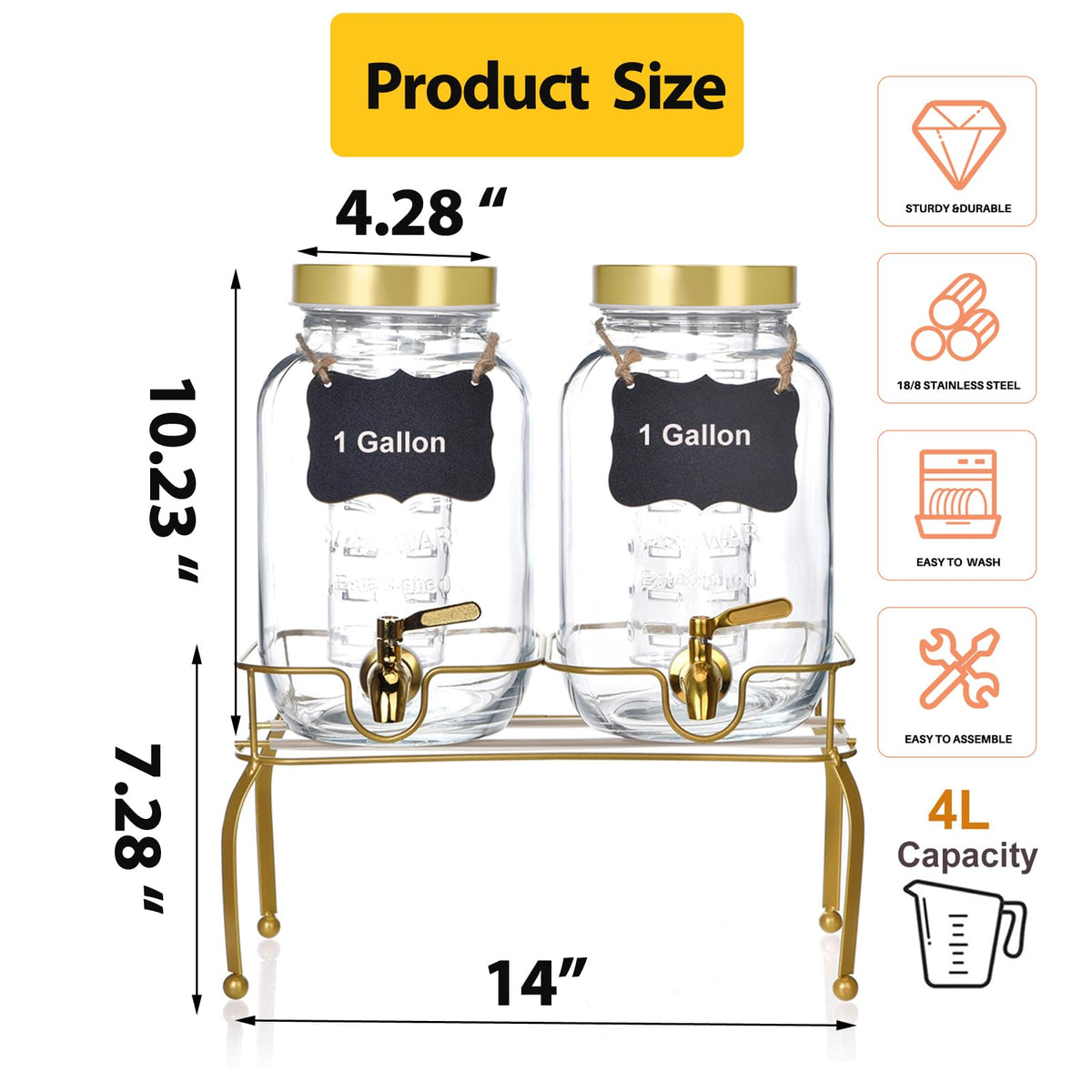 1 Gallon Glass Drink Dispenser Set of 2 with Stand W8885