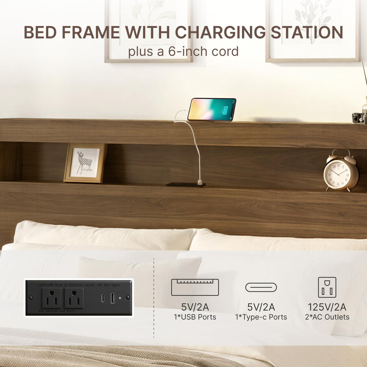 King Walnut Storage Bed Frame with LED Lights H28907
