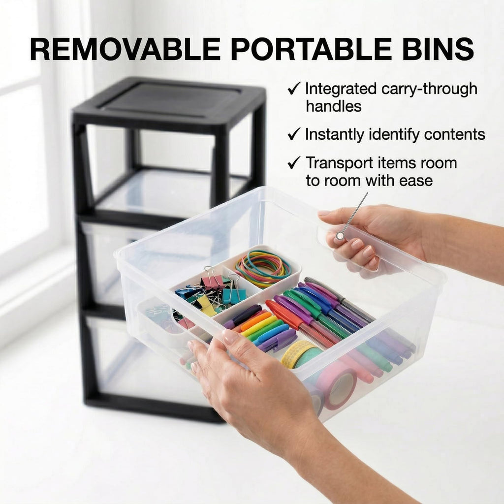 Black 3 Drawer Plastic Storage Tower with Clear Removable Bins Q23862