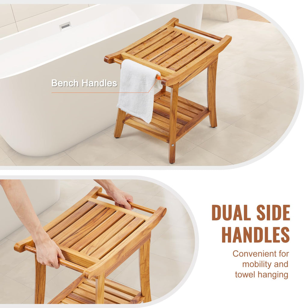 Teak Shower Bench with Storage Shelf Q121620