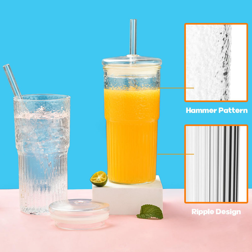 22 oz High Borosilicate Clear Glass Cups with Lids and Straws, Pack of 2 T24990