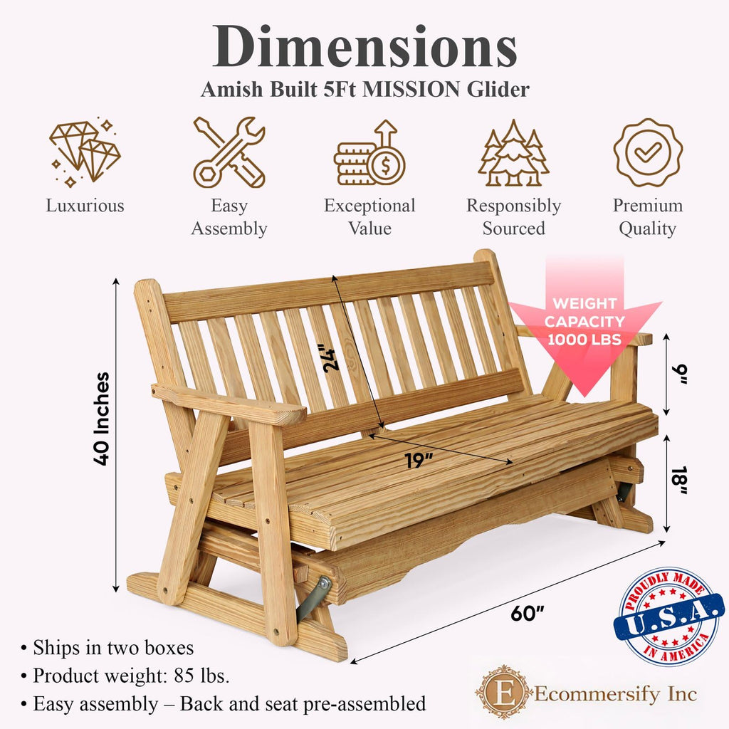 5 FT Natural Solid Pine Wood Glider Bench for 3 Person I420987