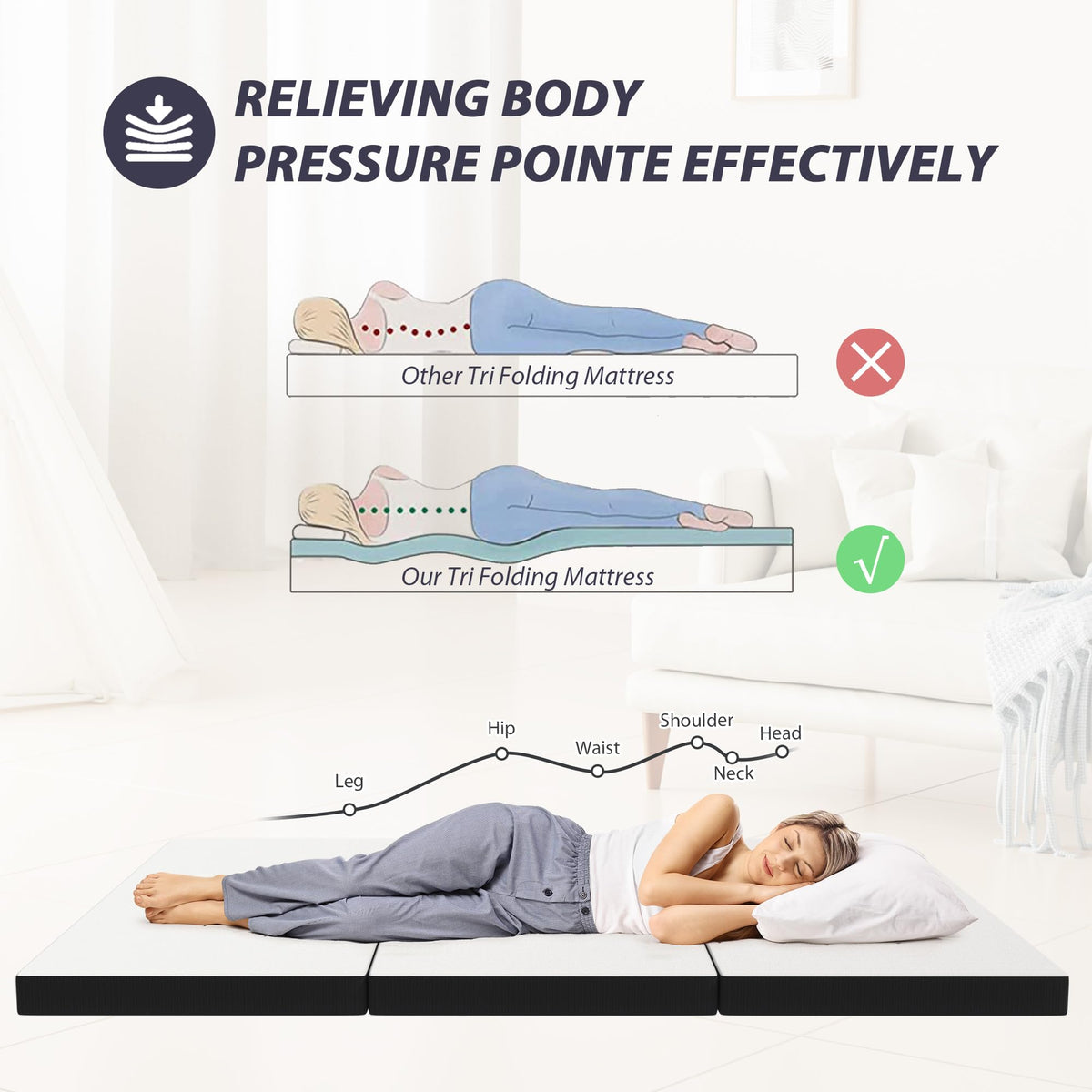 Tri-Fold Gel Memory Foam Mattress with Washable Cover, 3 Inch Queen V265396