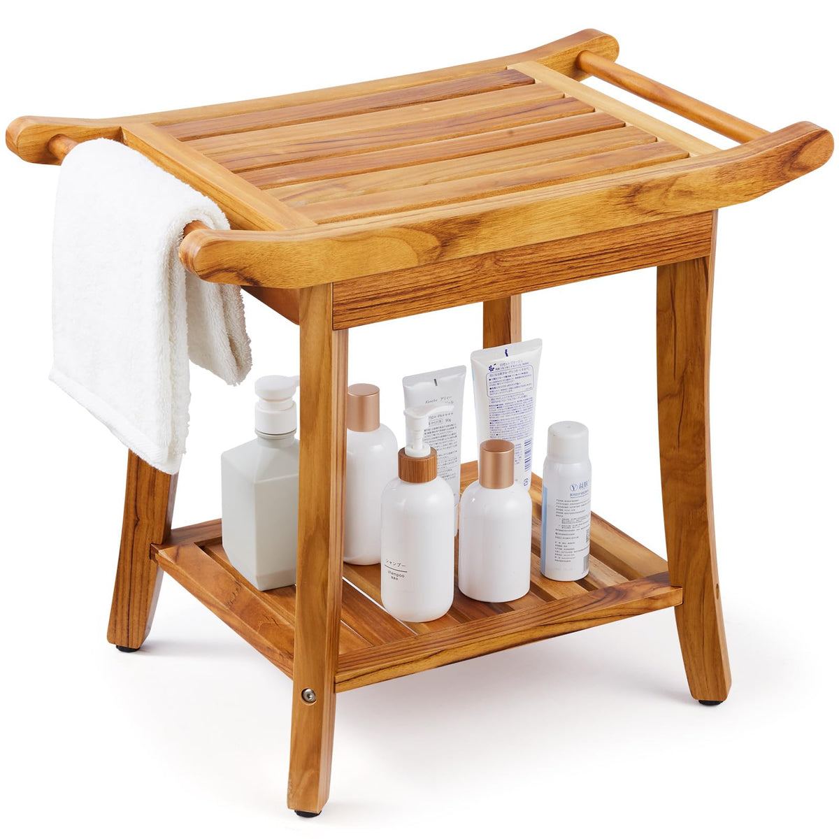 Teak Shower Bench with Storage Shelf Q121620