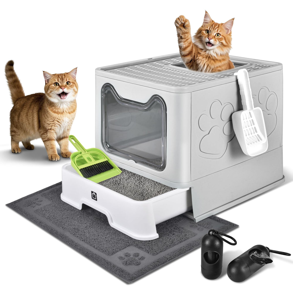 Covered Cat Litter Box, Extra Large Drawer Design with Dual Entry,Pale Grey Y999