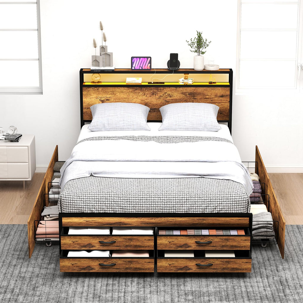 Queen Size Bed Frame with Headboard & 8 Storage Drawers Q615