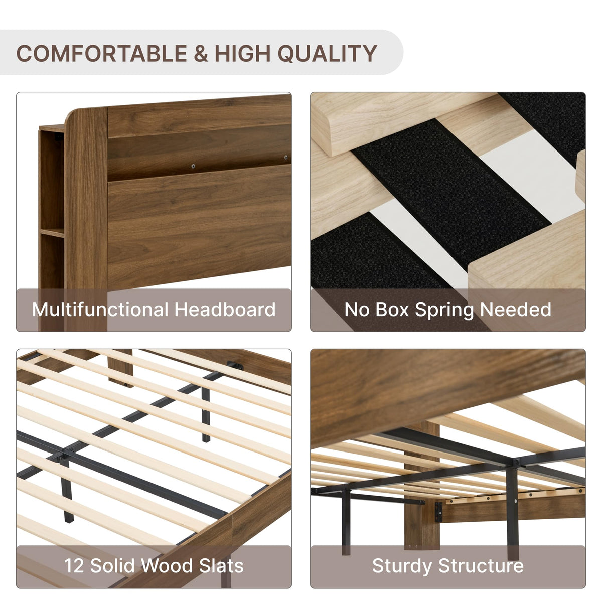 King Walnut Storage Bed Frame with LED Lights H28907