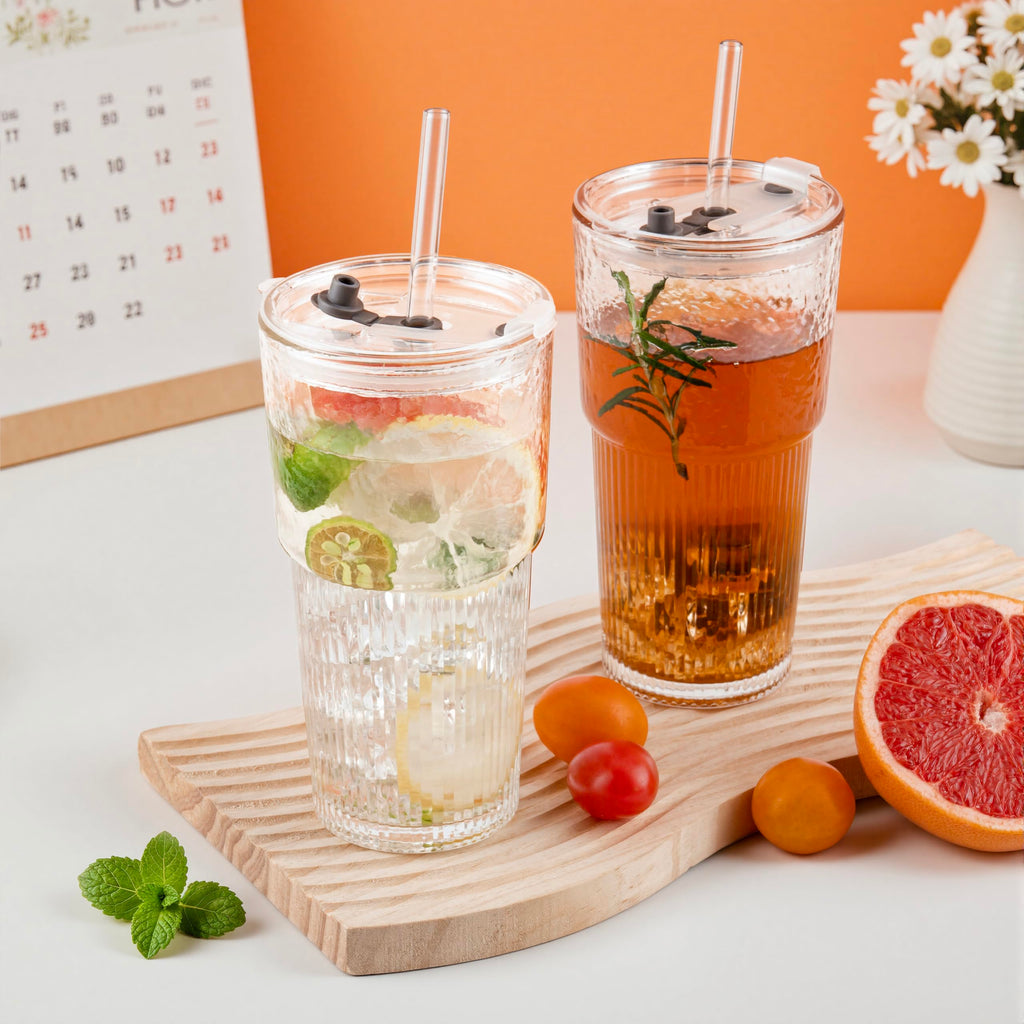 20oz Glass Cups with Lids and Straws, 2 PCS C1699
