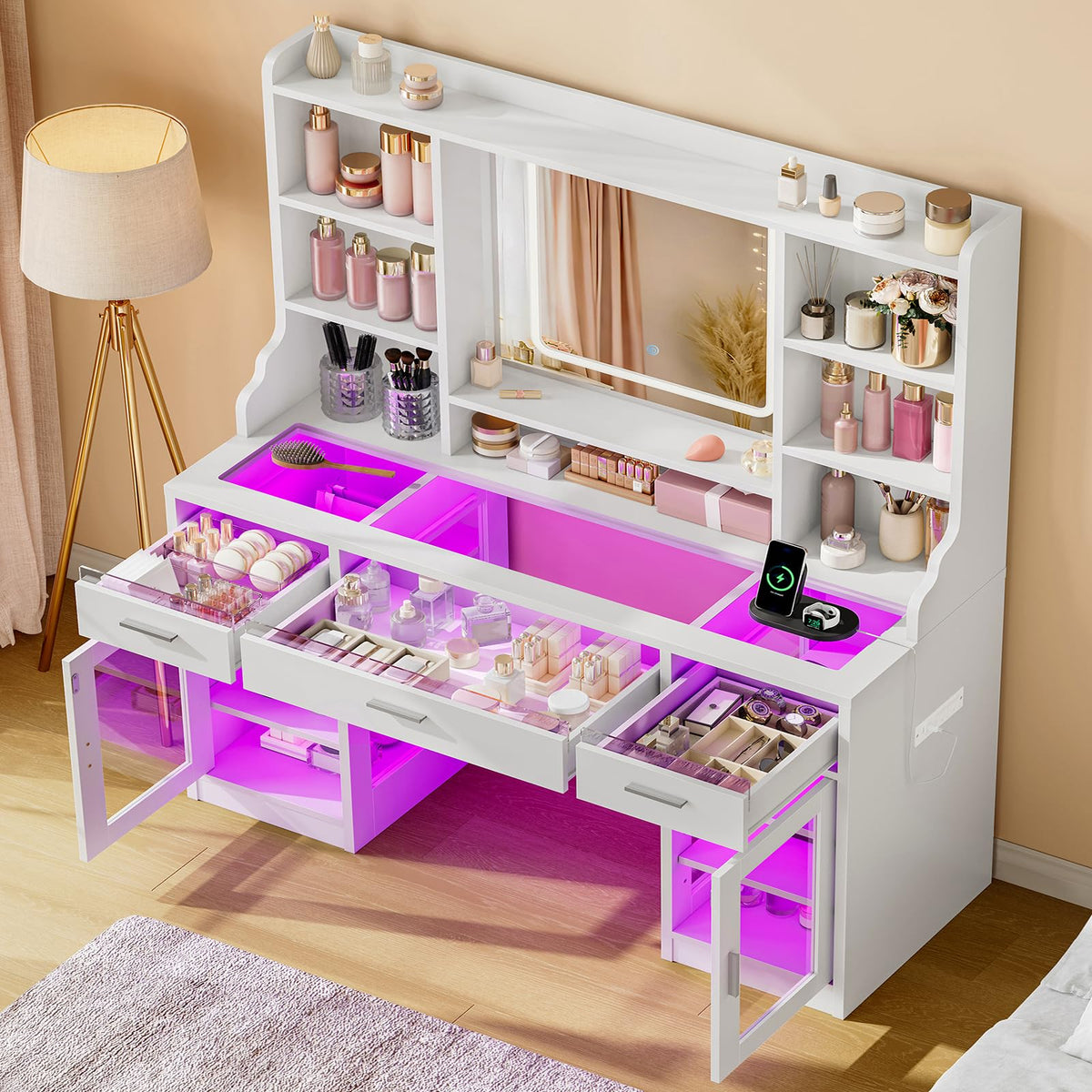 White Vanity Desk with Mirror and Lights T55048