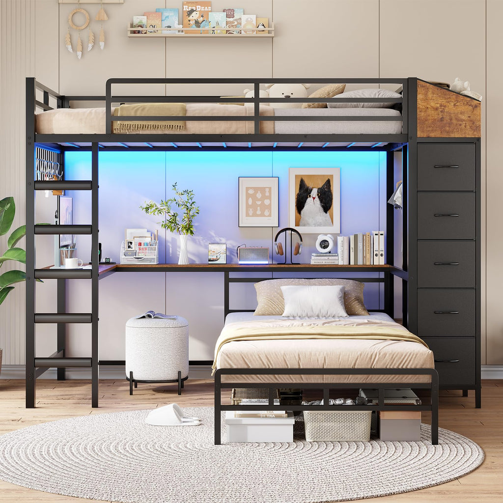 Black L-Shaped Bunk Bed with Desk and Stairs Y372883