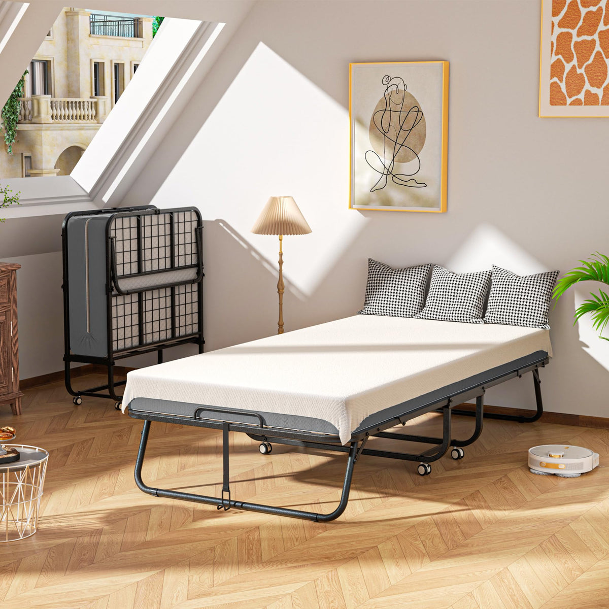 Folding Bed with Mattress, Portable Roll Away Bed, 75" x 31" Q539