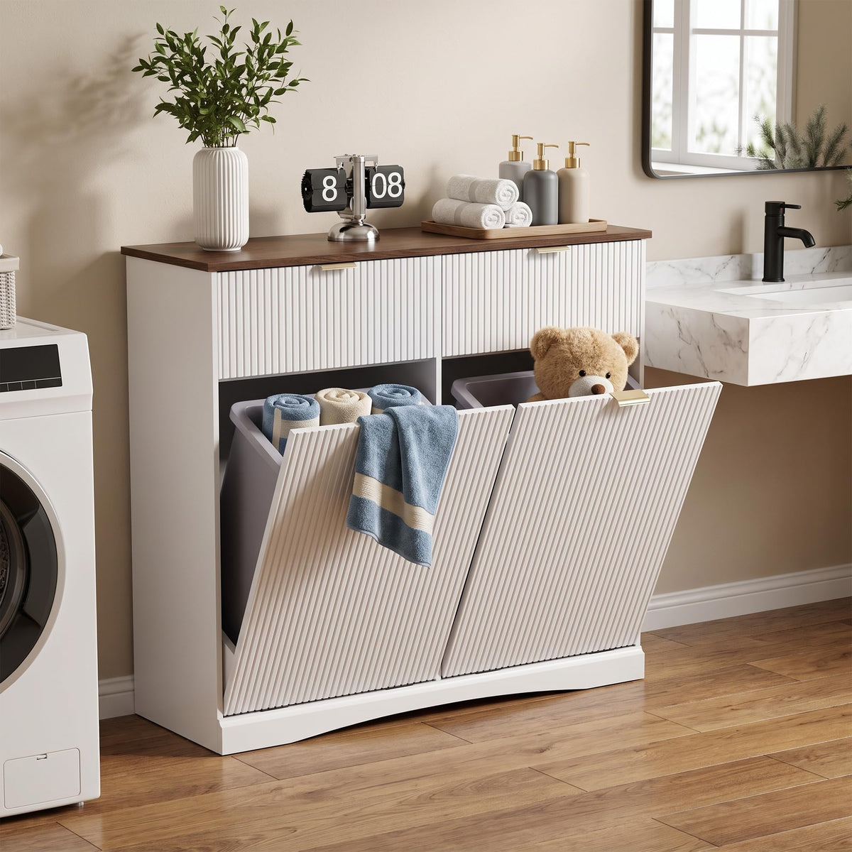 White and Dark Walnut Tilt Out Trash Cabinet K57606