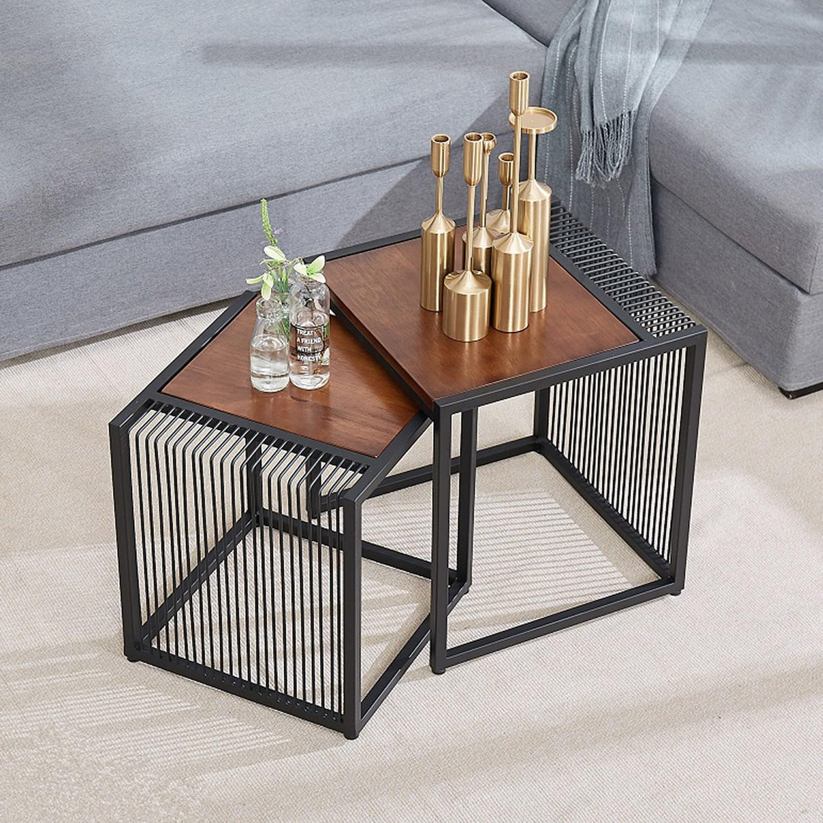 Set of 2 Square Nesting Coffee Table with Metal Frame E767699