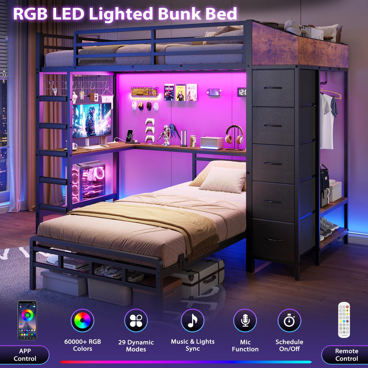 Black L-Shaped Bunk Bed with Desk and Stairs Y372883