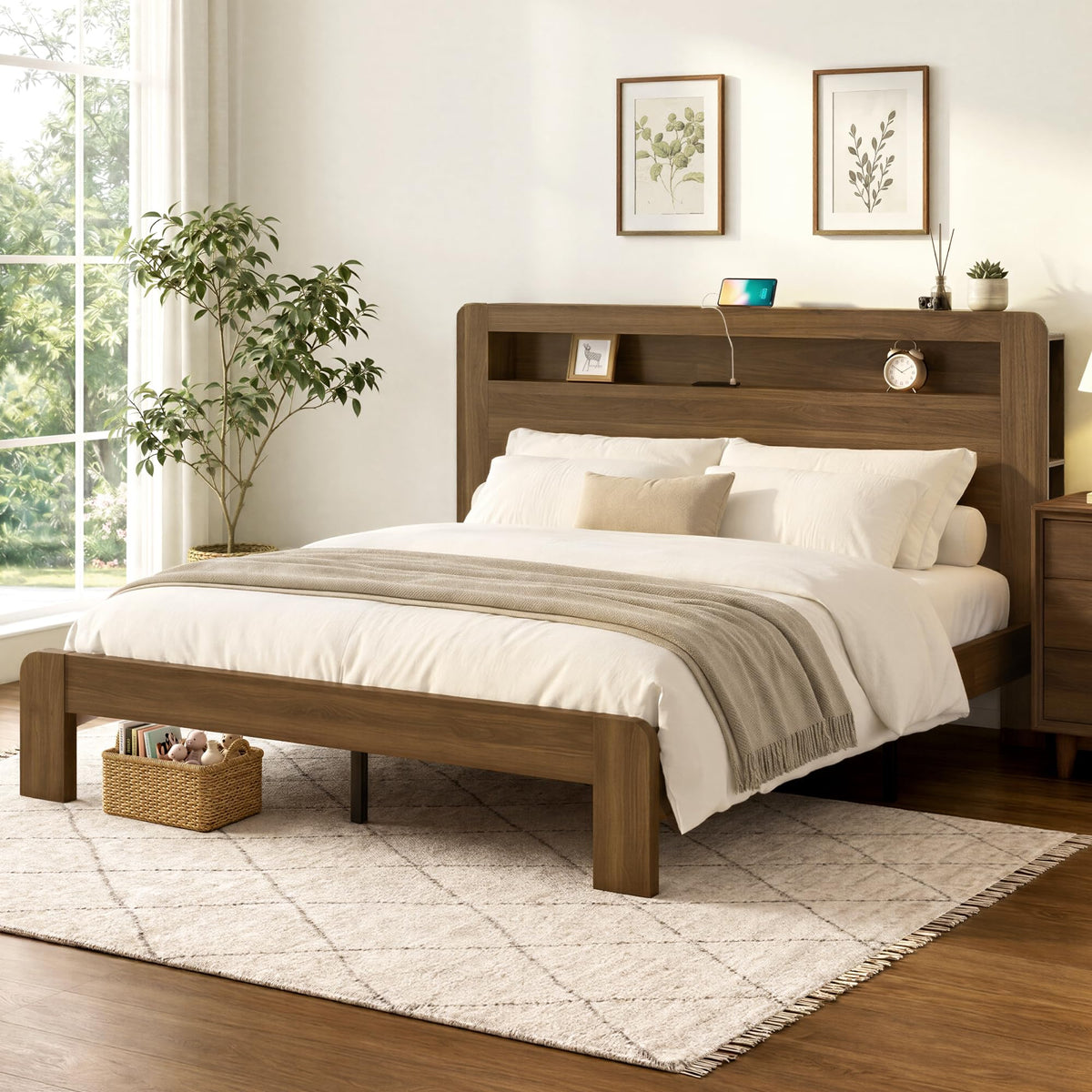 King Walnut Storage Bed Frame with LED Lights H28907