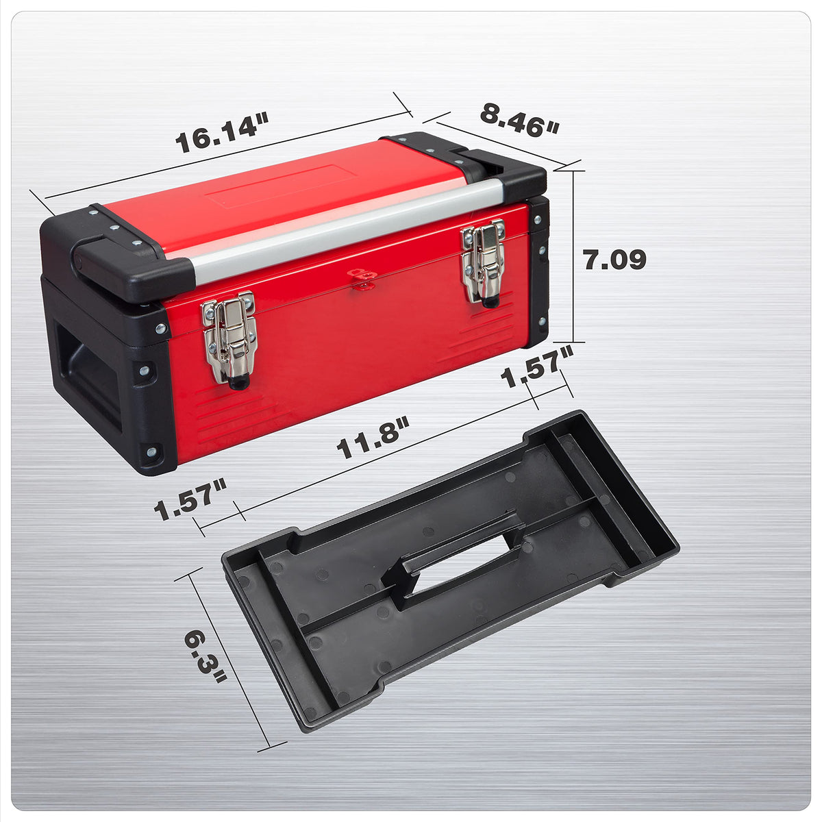 16" Inch Steel Metal Tool Box with Removable Tray V2470