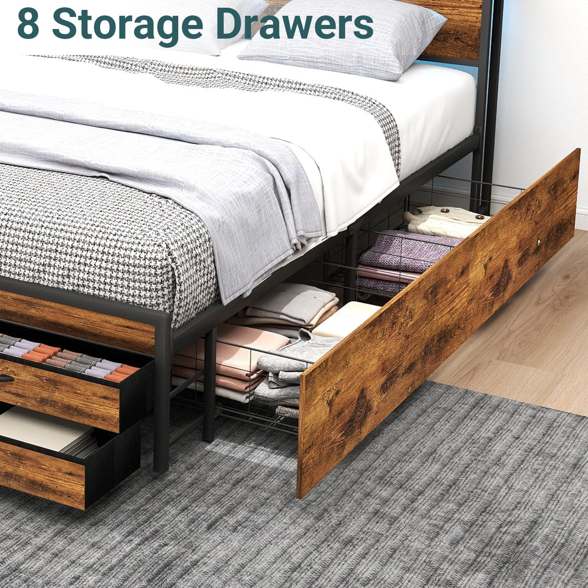 Queen Size Bed Frame with Headboard & 8 Storage Drawers Q615