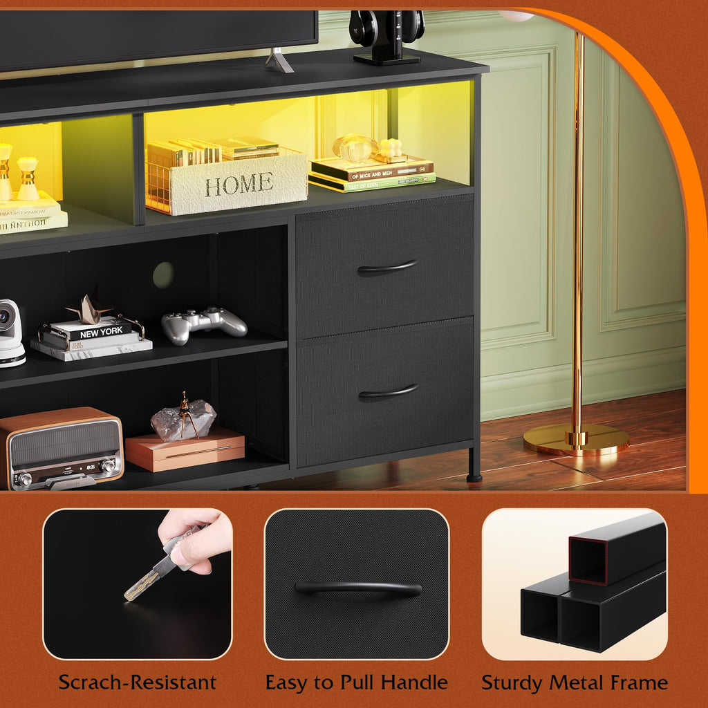 Black TV Stand Dresser with LED Lights and Fabric Drawers Z13224