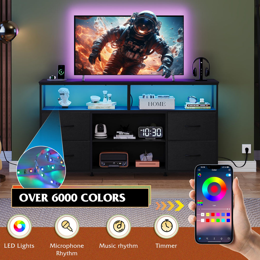 Black TV Stand Dresser with LED Lights and Fabric Drawers Z13224
