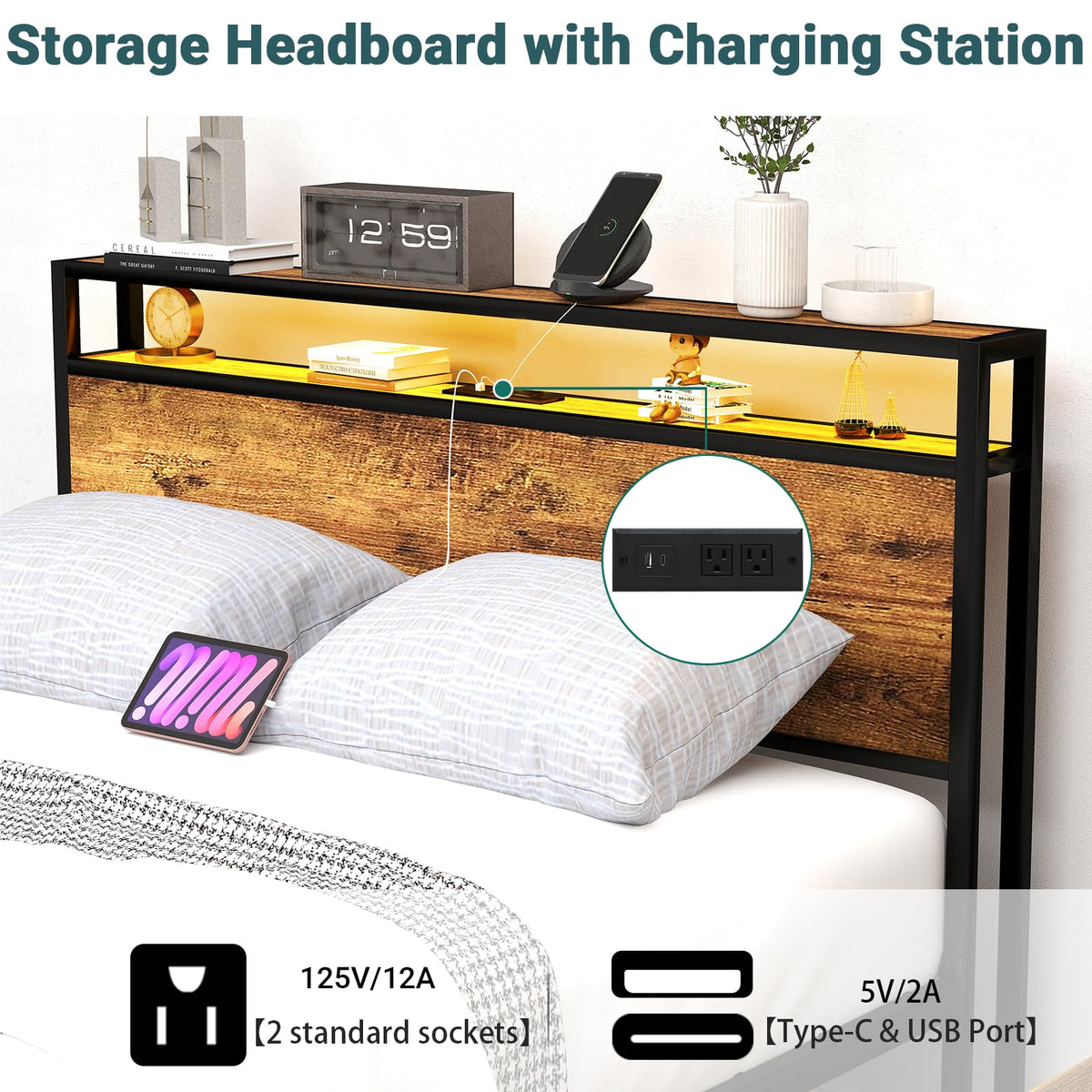 Queen Size Bed Frame with Headboard & 8 Storage Drawers Q615