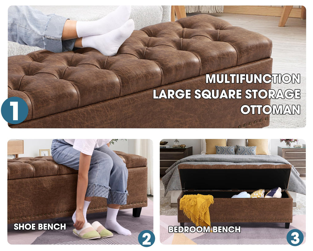 51" Brown Button-Tufted Storage Bench N986