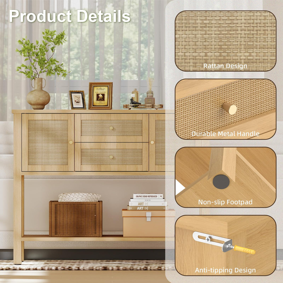 Rattan Console Table with 2 Doors & 2 Drawers D86593