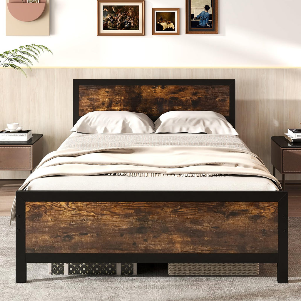 Metal Full Size Platform Bed Frame with Wood Headboard and Footboard R347