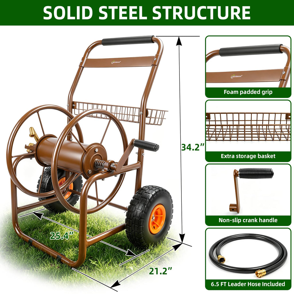 Garden Hose Reel Cart, Heavy Duty Metal with 2 Wheels, Holds 230ft 5/8" T865996